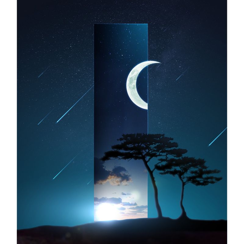 Fictional Meteor Night Sky Mural for Bedroom Full Size Wall Covering in Blue-White