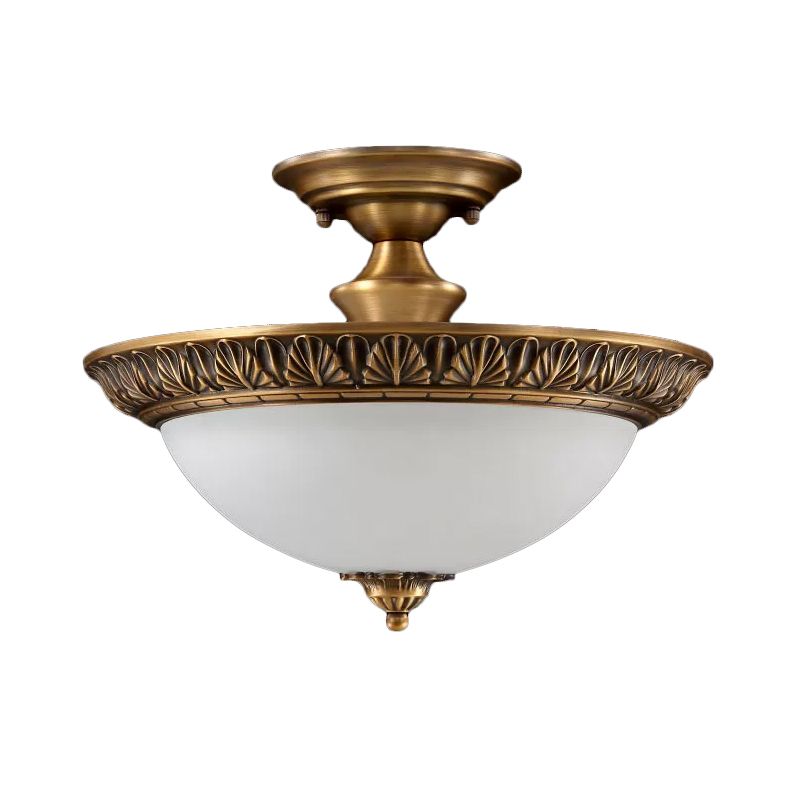 Small/Large Bowl Milk Glass Semi Flush Classic Bedroom LED Ceiling Light with Carved Cloud/Leaf/Flower Edge in Bronze