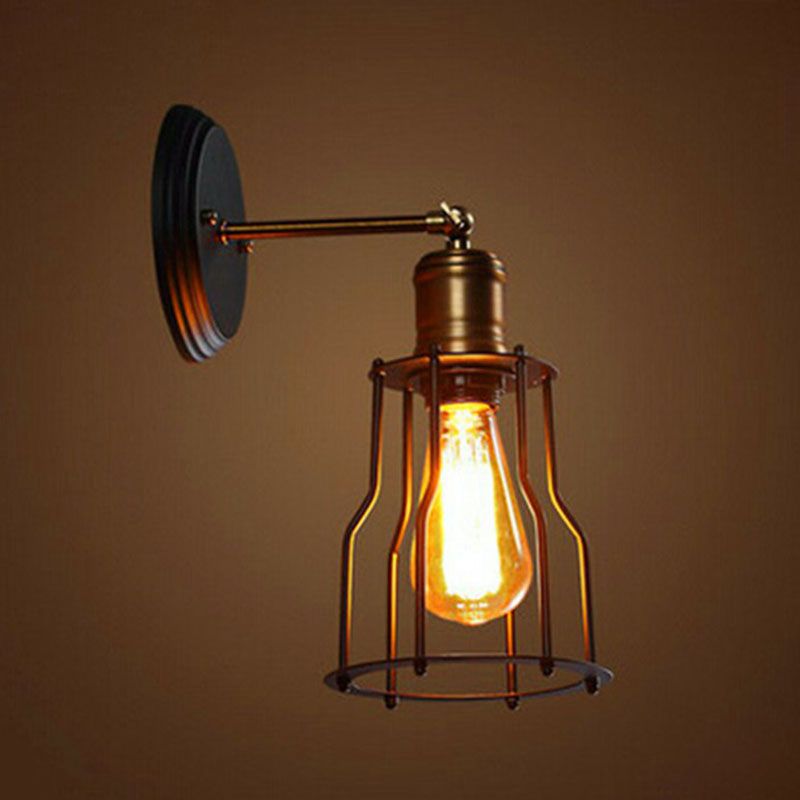 Cage Shade Iron Mur Mount Light Style antique Éclairage mural de couloir 1-Light en noir