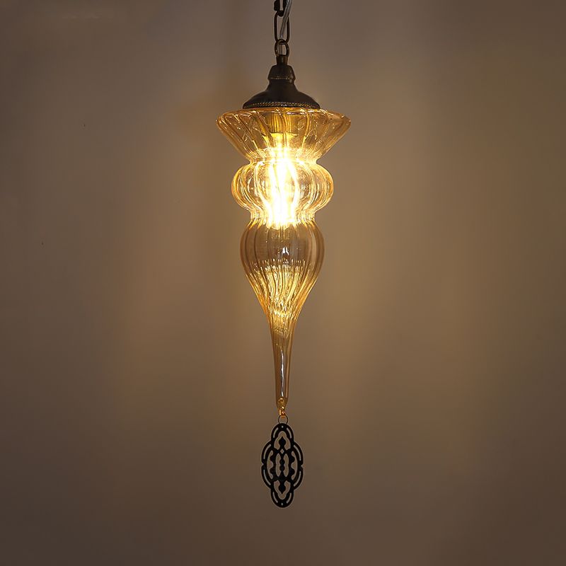 Lámpara de caída de urna vintage 1 cabeza prismática luz de techo de colgante de vidrio ámbar en latón para restaurante
