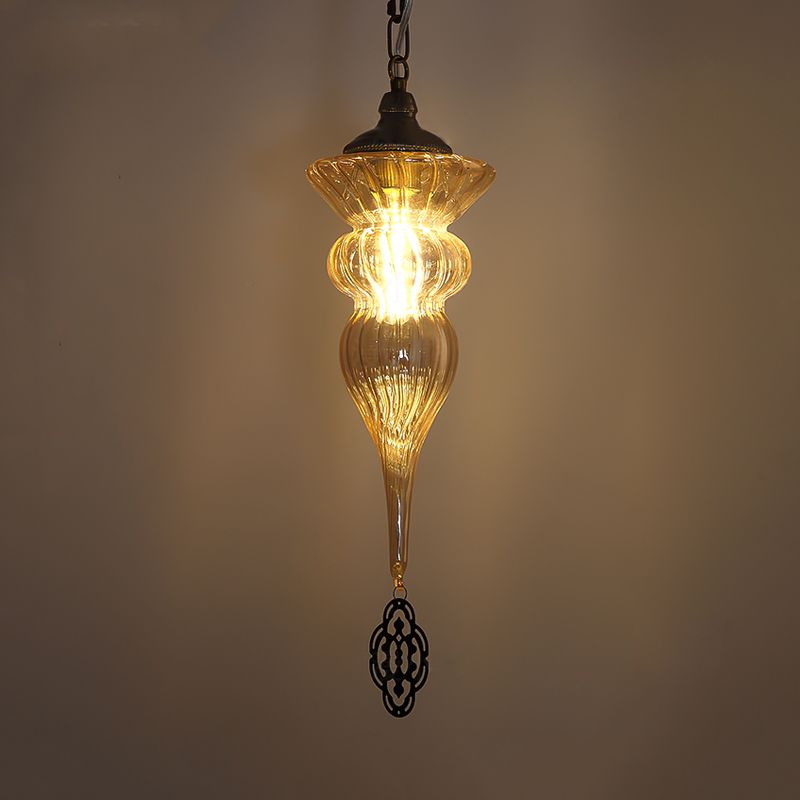 Vintage Urn Drop Lamp 1 Head Prismatic Amber Glass Pendant Ceiling Light in Brass for Restaurant