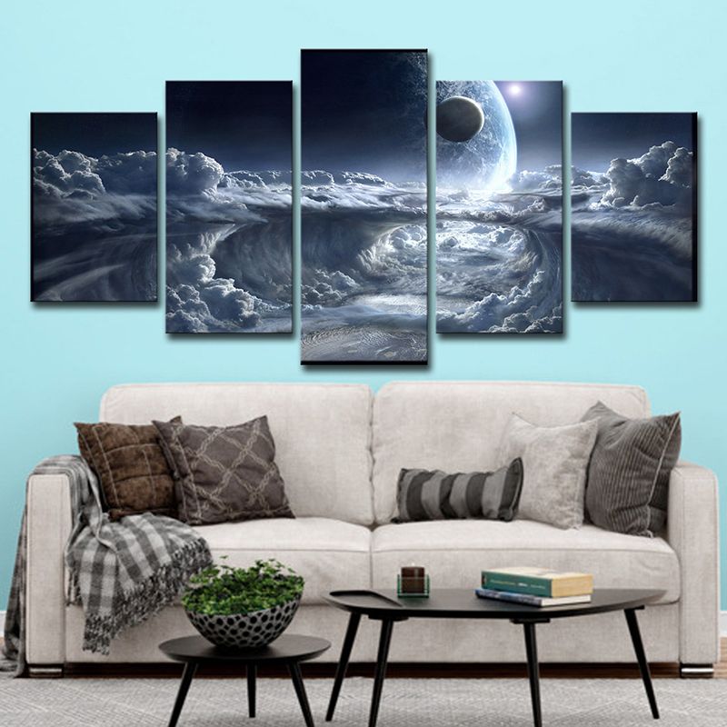 Science Fiction Space Canvas Art Blue Cloud and Planet Print Wall Decor for Bedroom