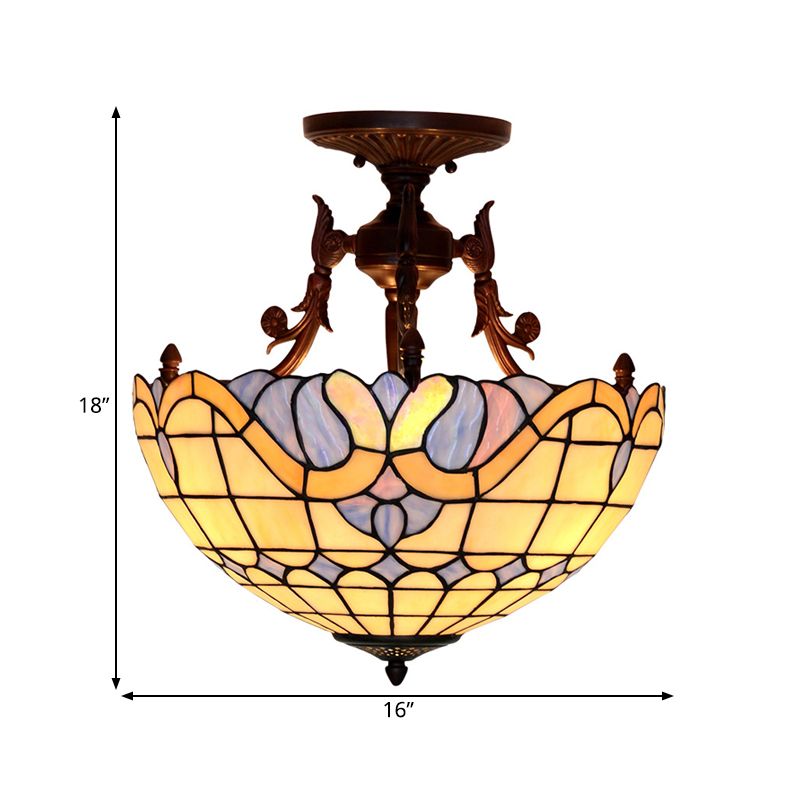 Cupola Semimontaggio Illuminazione Tiffany Beige / Light Blue Glass 3 Luci Bronzo Soffitto Luce Fissaggio per Living Room