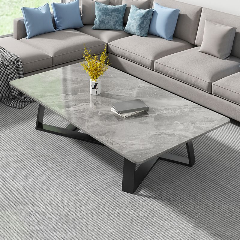 Modern Rectangle Coffee or End Table Stone and Steel Coffee Table with Cross Legs