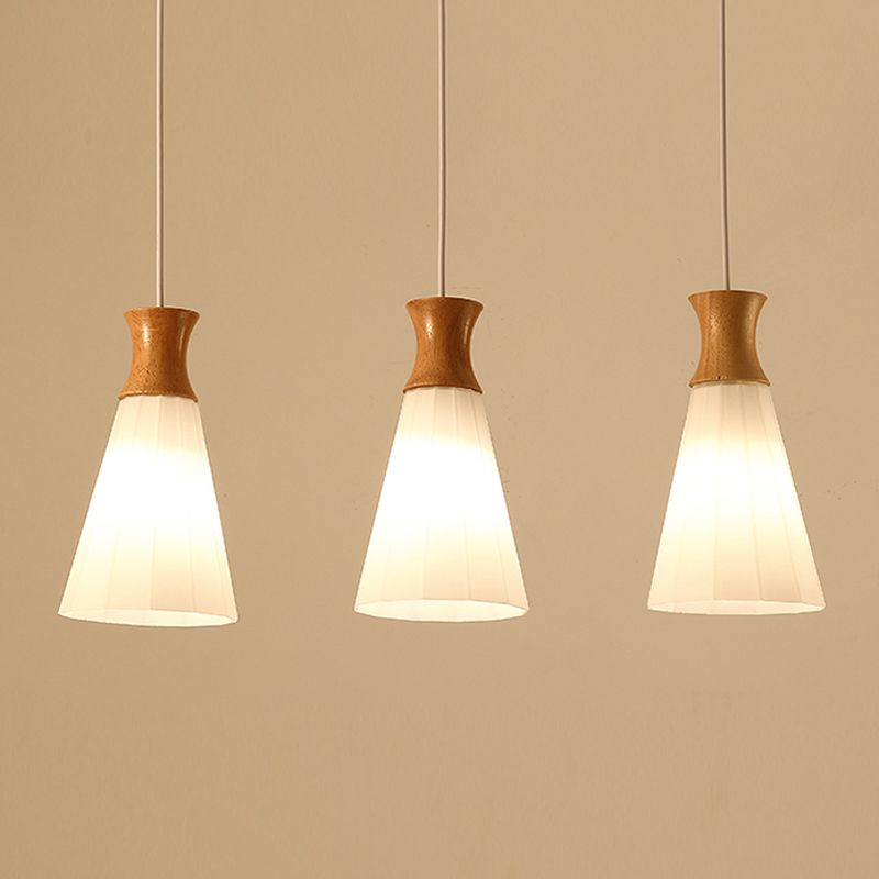 Moderne künstlerische geometrische hängende helle hölzerne Innenlampe mit weißem Glasschatten