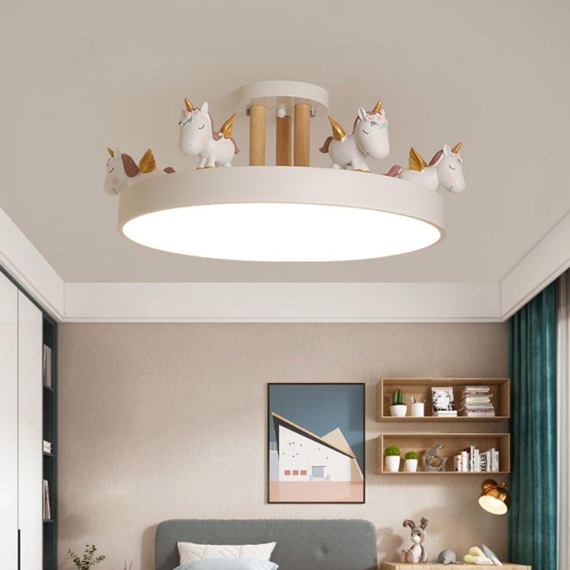 Round LED Semi Flush Mount Kids Style Acrylic Nursery Ceiling Mounted Light with Resin Unicorn