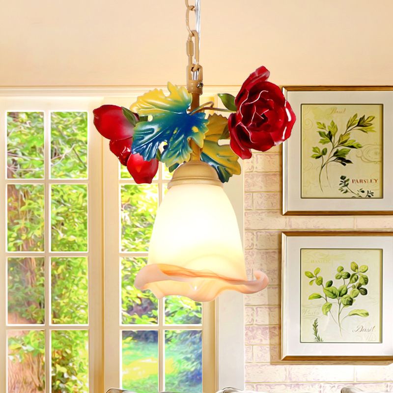 Beige Blossom Suspension Lamp Korean Garden Frosted Glass 1 Head Restaurant Pedant Lighting