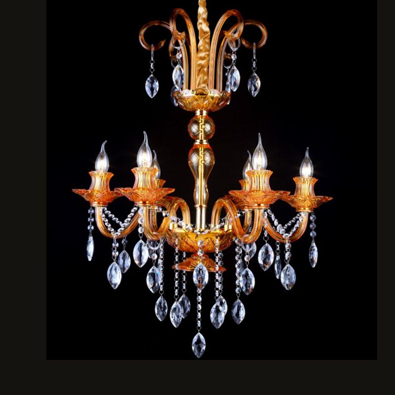 Gold Candle Chandelier Lighting Traditional Prism Glass 6 Heads Dining Room Hanging Lamp with Crystal Drip