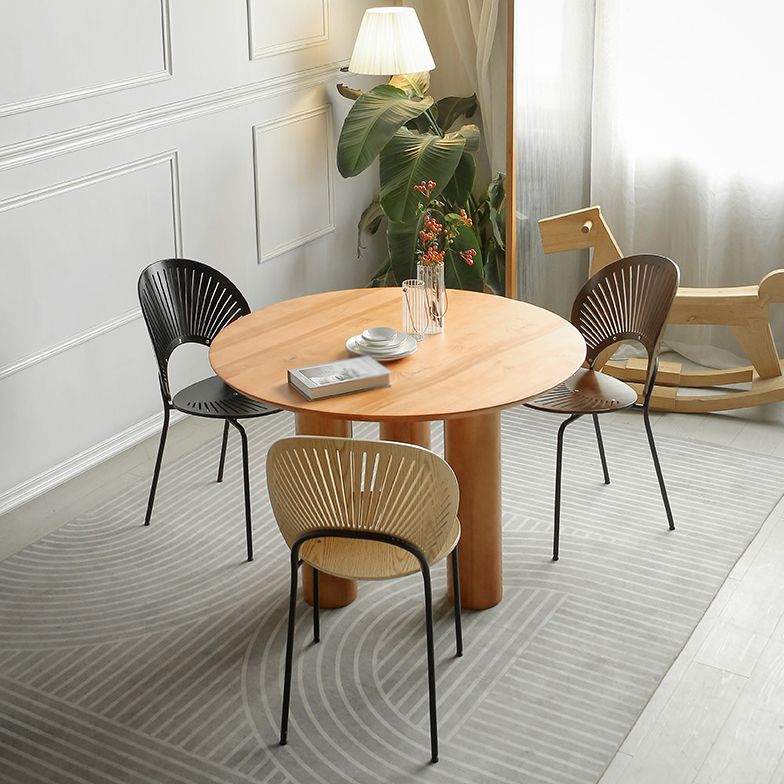 Round Pedestal Contemporary Dining Table Brown Tone Fixed Table of Solid Wood