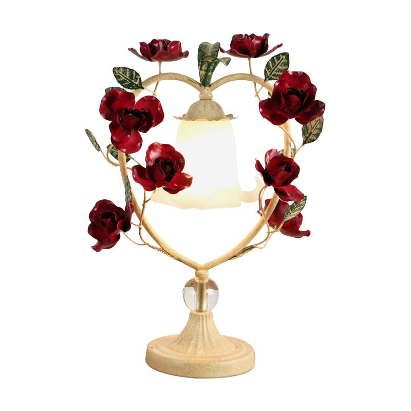 Beige/Blue Single Head Night Light Classic White Glass Bloom Reading Book Lamp with Heart Frame and Rose Design