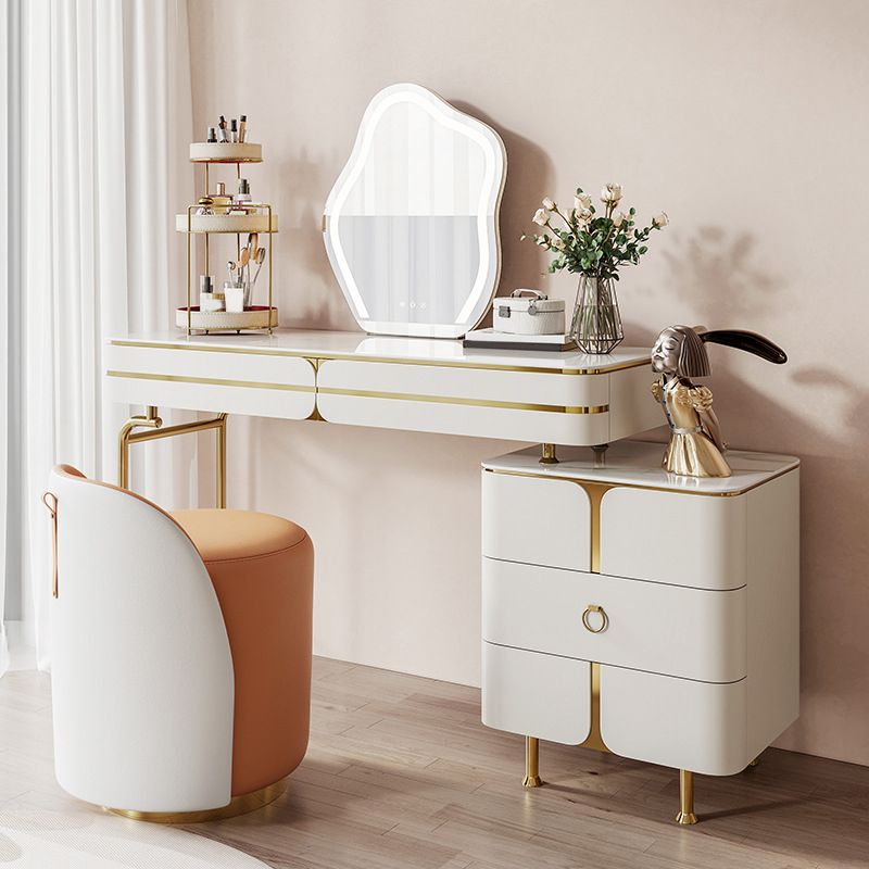 White Glam Vanity Dressing Table Set with Stool & 5 Storage Drawers