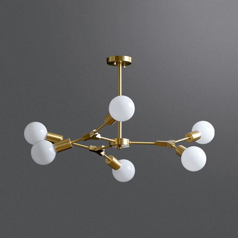 Brass Branched Rotatable Semi Flush Mount Modernism 6 Heads Metal Ceiling Light with Open Bulb Design