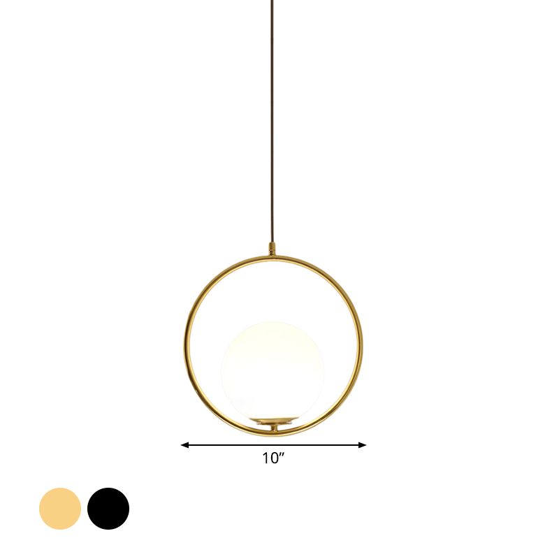 Sfera nera/oro Lampada sospesa Postmoderna Single glassata in vetro bianco Apparecchiatura a sospensione ad anelli a sospensione, 10 "/12"/14 "W