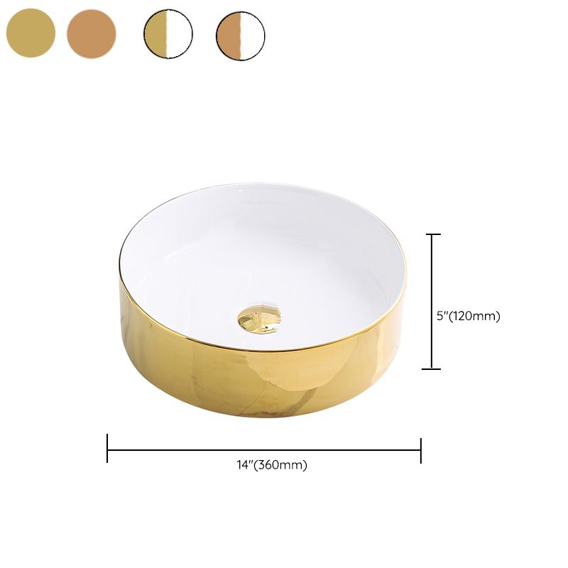 Gold Bathroom Sink Faucet Contemporary Vitreous China Vessel Sink with Pop-Up Drain