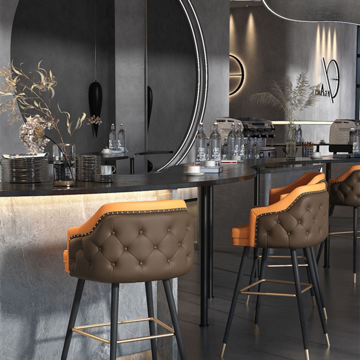 Modern Armrest Backrest Counter Stool Iron Cafe Bar Stool with Cushion and Pedal