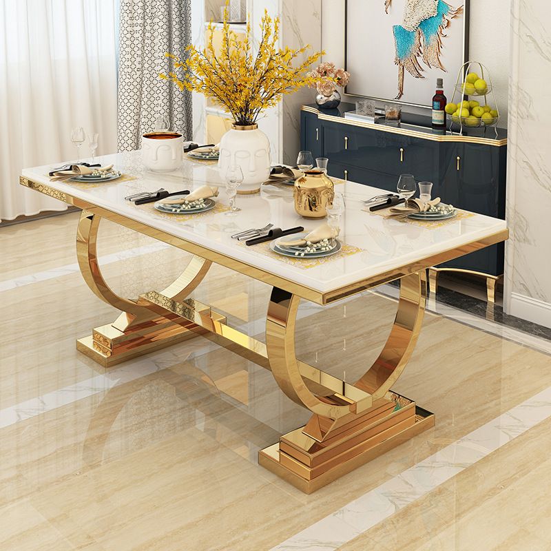 Stainless Steel Traditional Luxury Rectangle Table Marble Top Table with Trestle Base
