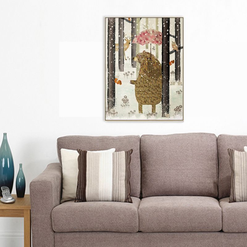 Fun Forest Bear Wall Art Kids Bedroom Animal Drawing Canvas Print in Pastel Color