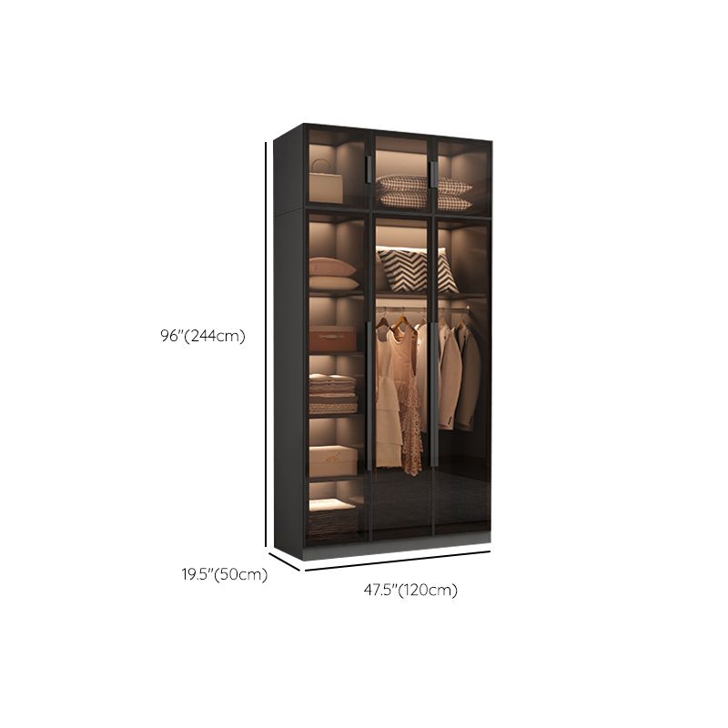 Freestanding Grey Wood Frame Wardrobe Modern Multifunctional Wardrobe with Glass Doors