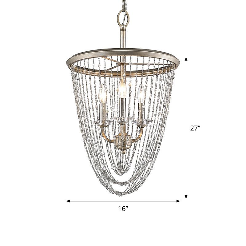 Contemporary Candle Chandelier Lamp 3 Heads Crystal Suspension Light in Gold with Draped Chain