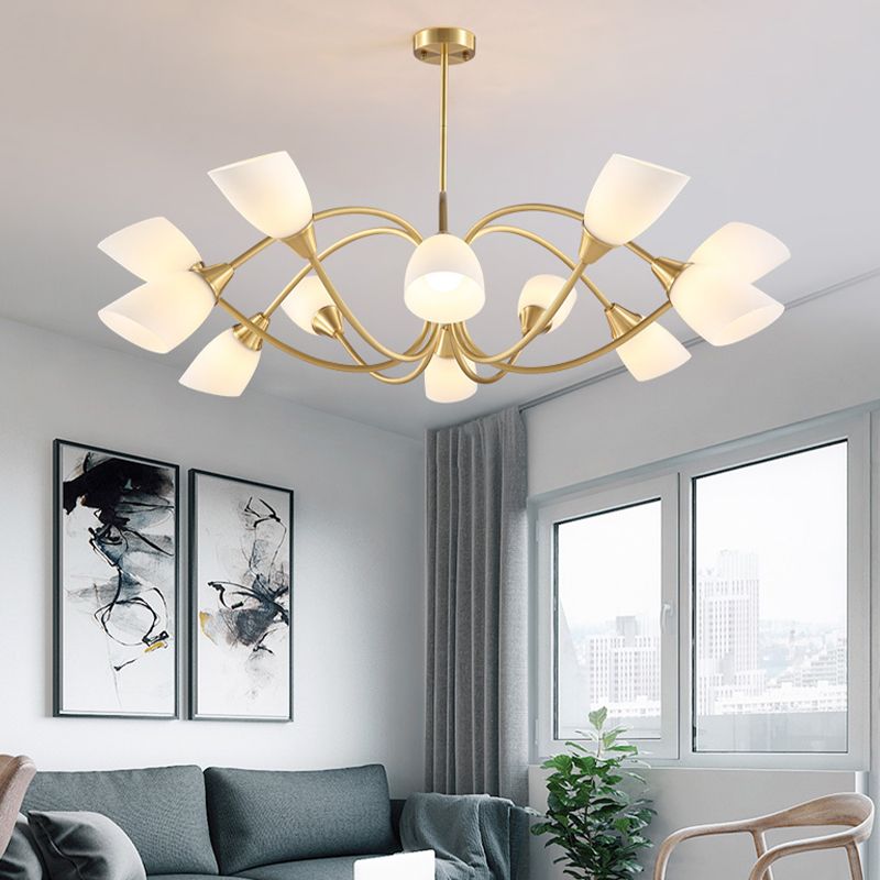 Multi-Head Chandelier Lamp Traditional Style White Glass Shade Bell Light Fixtures