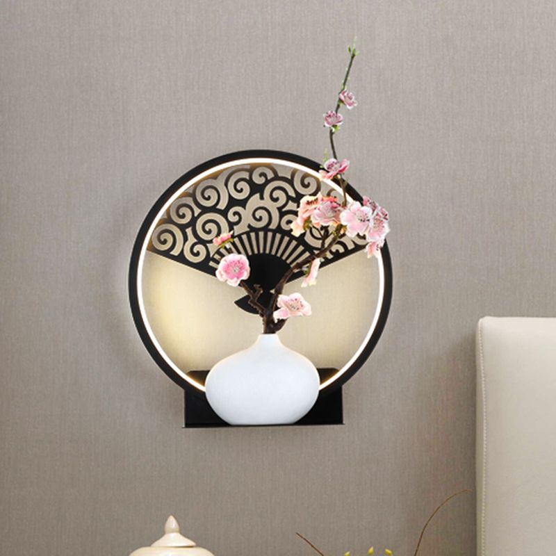 Rounded Metallic Wall Mural Lamp Oriental LED Black Wall Mounted Light Fixture with Fan and Plum Pattern, Warm/White Light