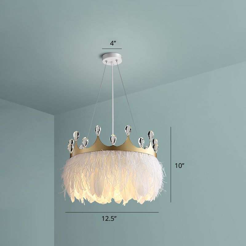 Crown Child Room Chandelier Lamp Feather 1 Bulb Minimalist Pendant Lighting in White with Crystal Accents