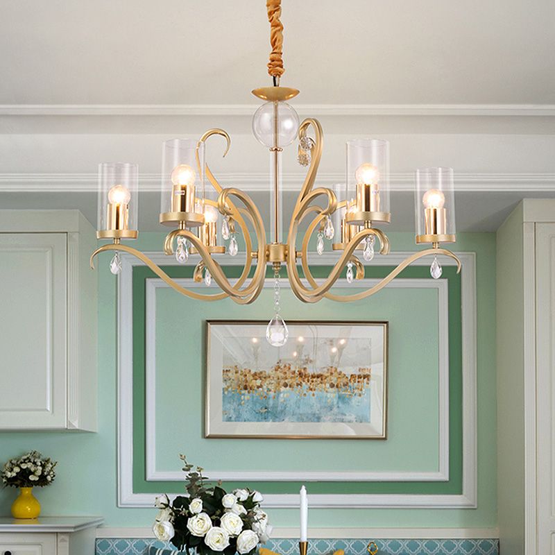 6/8-Head Tube Shade Chandelier Lamp Antiqued Gold Clear Glass Hanging Ceiling Light with K9 Crystal Accent