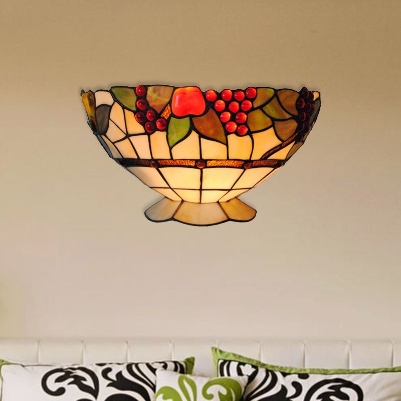 Art Deco Bowl Wall Lighting with Fruit Pattern Lodge Stained Glass 1 Bulb Wall Sconce Light