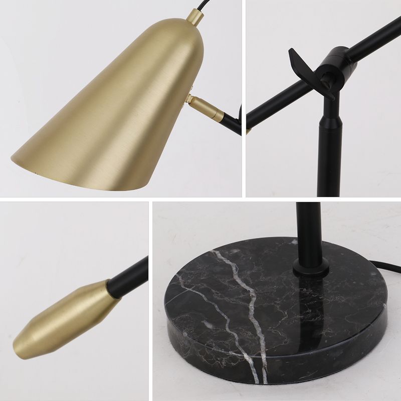 Lampe de table de nuit conique dorée, 1 lumière moderne en métal avec bras d'équilibre