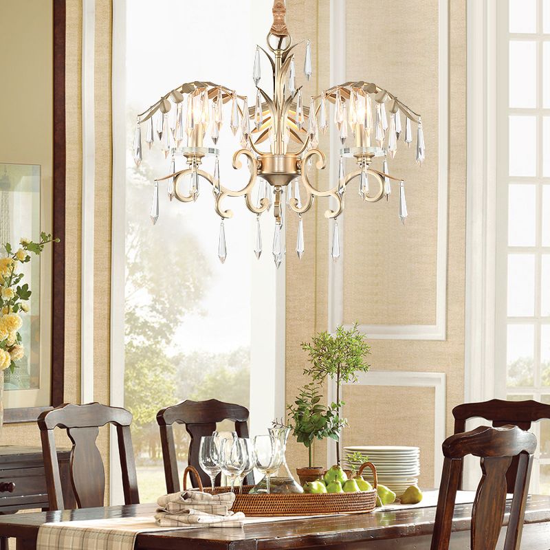 Crystal Palm Leaf Chandelier Colonial Style Dining Room Ceiling Suspension Lamp in Gold