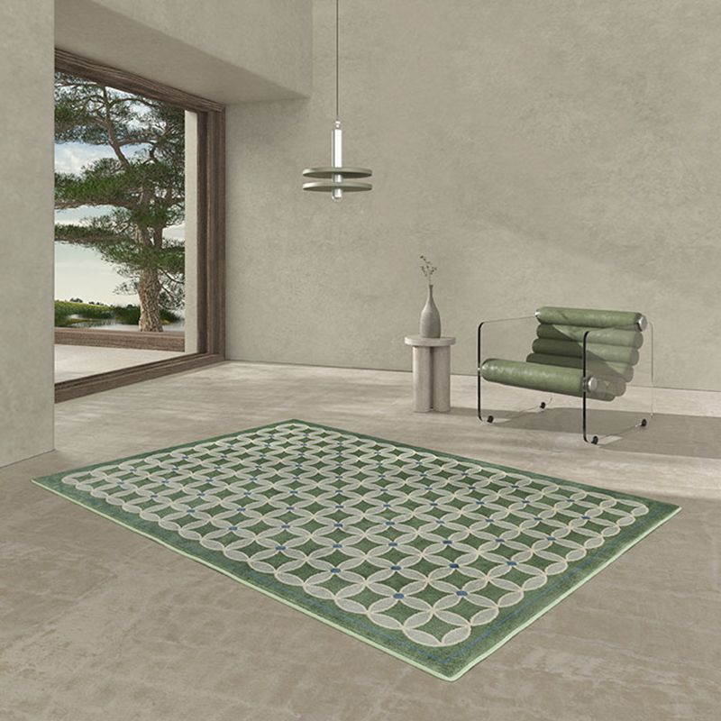 Green Living Room Area Carpet Plaid Pattern Polyester Area Rug Easy Care Washable Rug