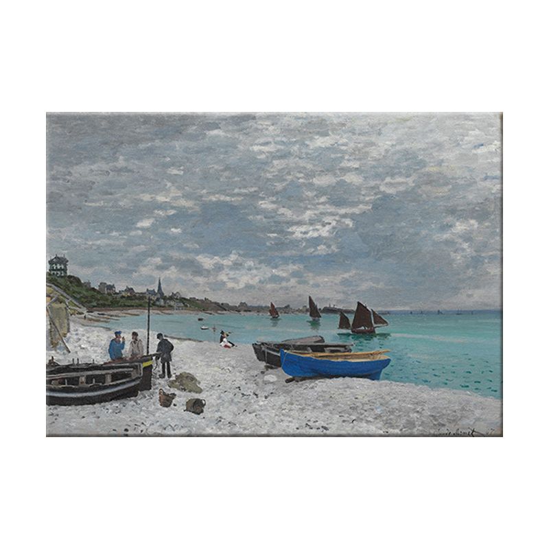 Tropical Seashore Stranded Boat Art Print Blue Seascape Painting Wall Decor for Home