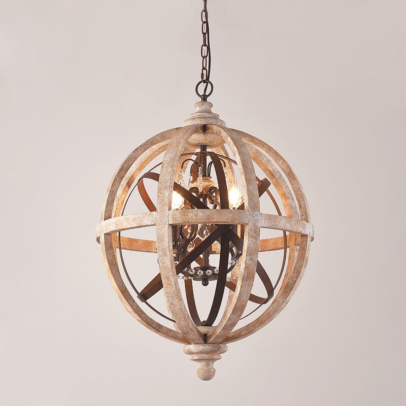 5-Light Wood Drop Pendant Classic Ared White Globe Cage Cage Chandroom Chandelier Lighting avec accent cristallin