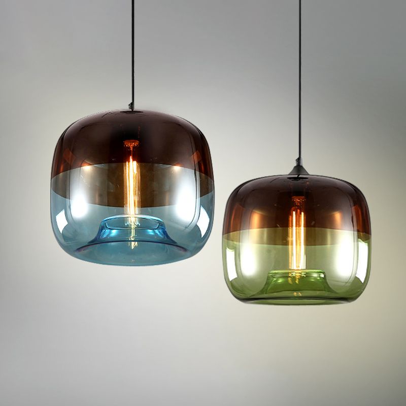 Drum Pendant Ceiling Light Postmodern Blue/Green-Brown Glass 1 Bulb Dining Room Suspension Lamp with Recessed Bottom