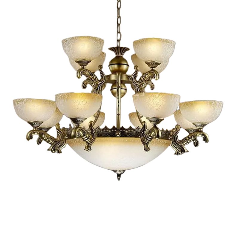 Frosted Pattered Glass Bowl Drop Lamp Rustiek 15-licht woonkamer plafond kroonluchter in brons