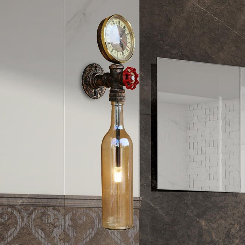 Brown/Blue Bottle Wall Sconce Lamp Vintage Stylish Glass 1 Bulb Living Room Wall Lighting with Gauge and Valve