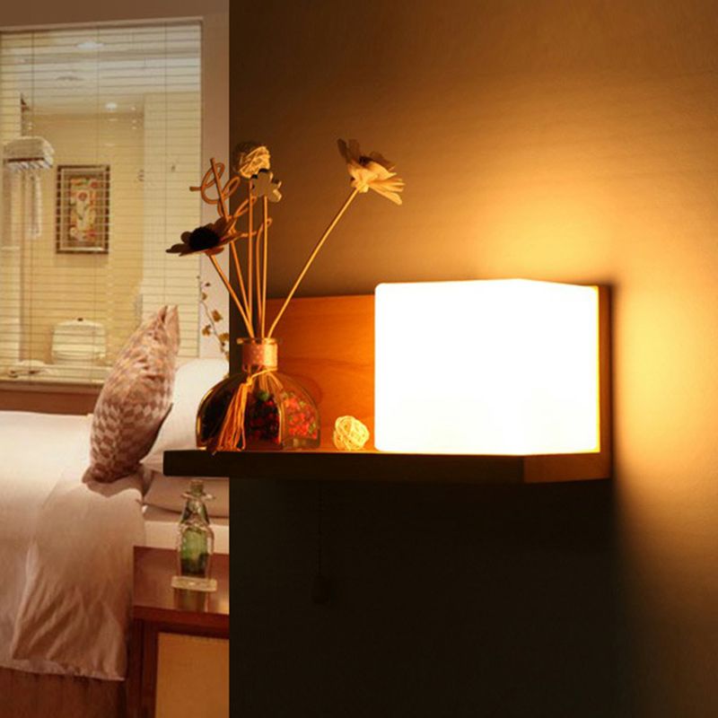 Milk Glass Cube Wall Sconce Lighting Nordic 1-Bulb Wood Shelf Wall Light with Pull Chain