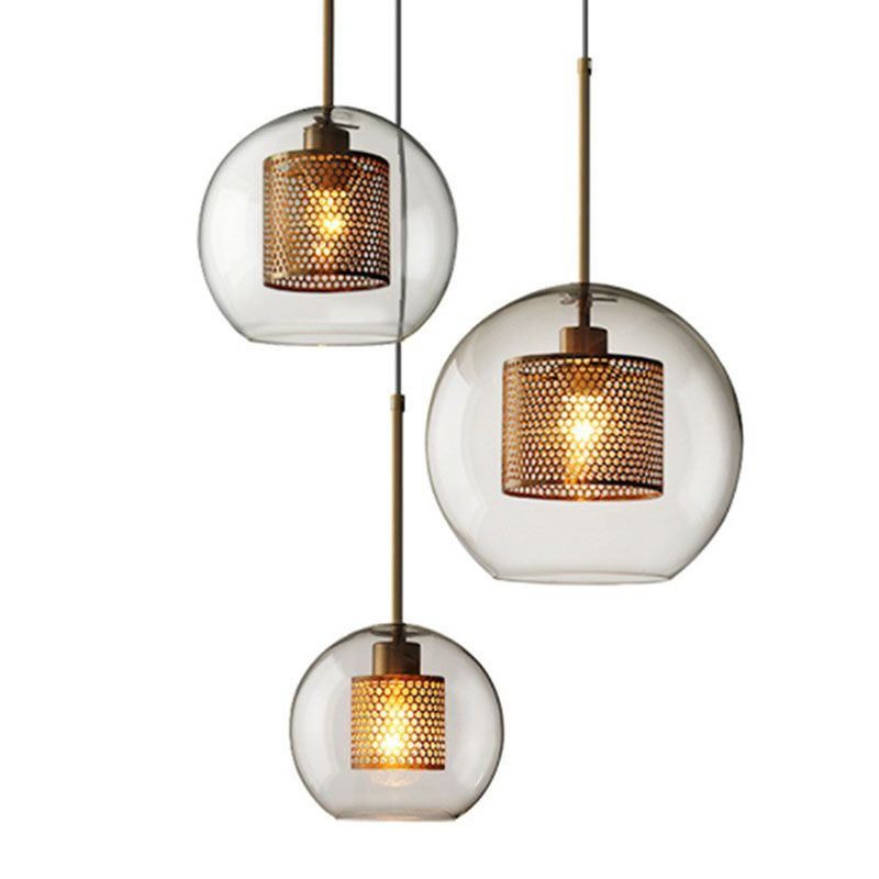 Clear Glass Sphere Suspension Lamp Modern 1 Bulb Hanging Pendant Light with Mesh Screen