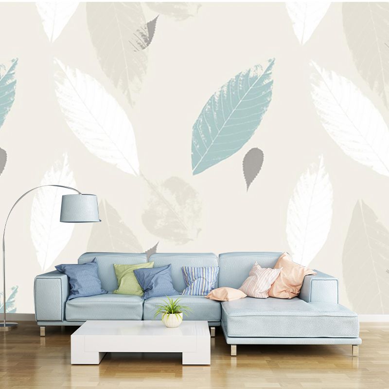 Blue and Yellow Leaves Murals for Wall Stain Resistant Modern Bedroom Wall Covering