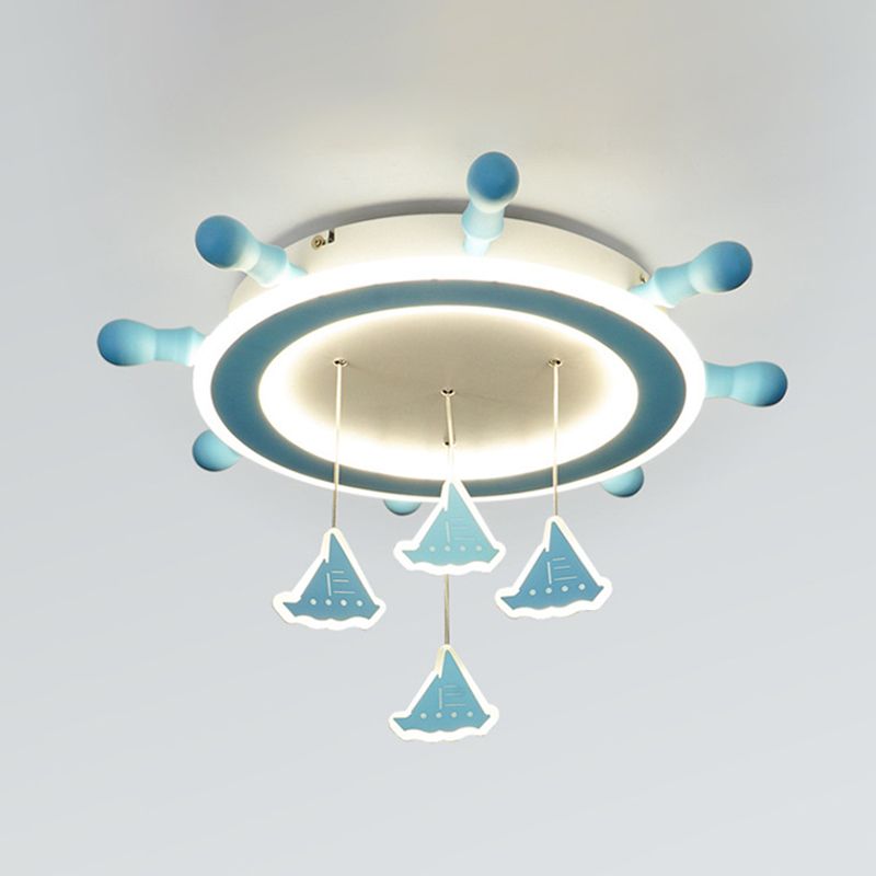 Kid Marine Steering Wheel Flush Light Iron 4-Head Child Room Ceiling Mount Fixture with Draped Sailing Boat in Sky Blue