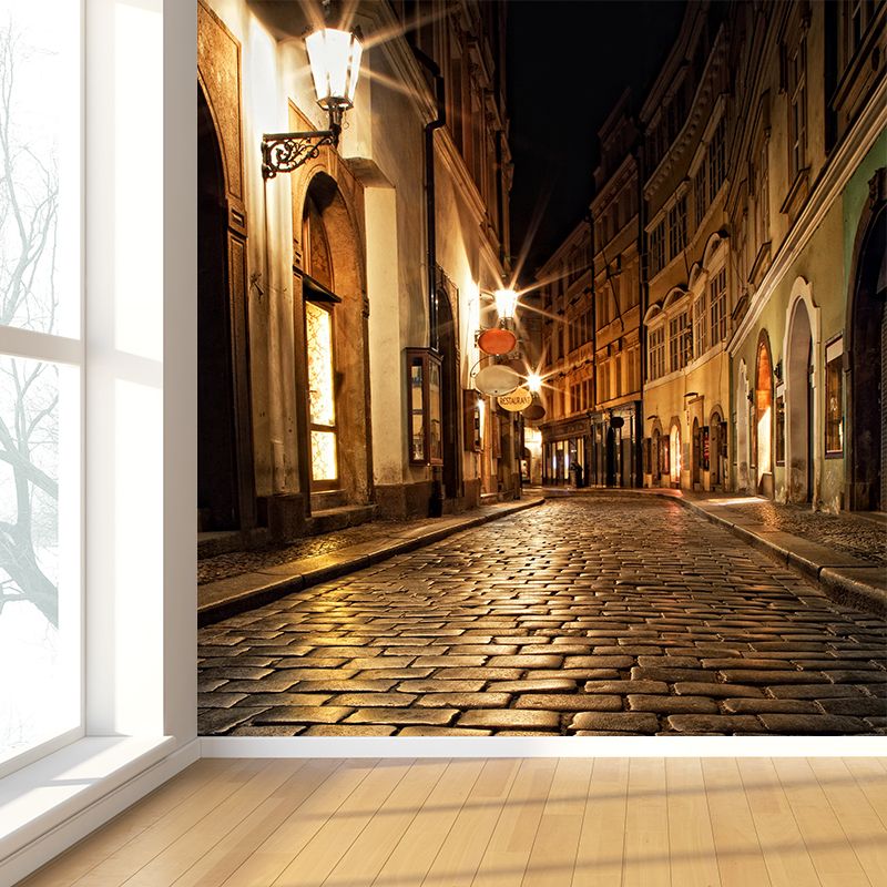 Modern Peaceful Town Mural Wallpaper Yellow Waterproofing Wall Decor for Bathroom