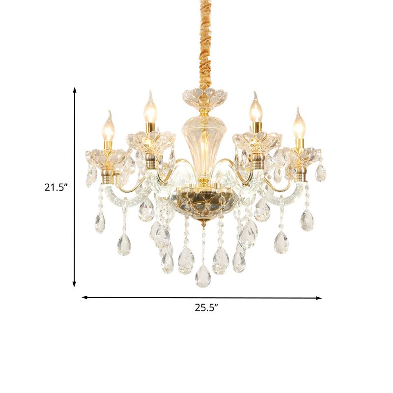 Candelabra Crystal Ceiling Chandelier Vintage 6 Lights Dining Room Pendant in Gold with Clear Glass Shade