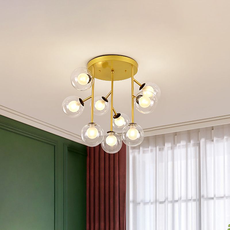 Ball Semi Mount Lighting Modern Clear Glass 9/12 Heads Living Room Close to Ceiling Lamp in Black/Gold