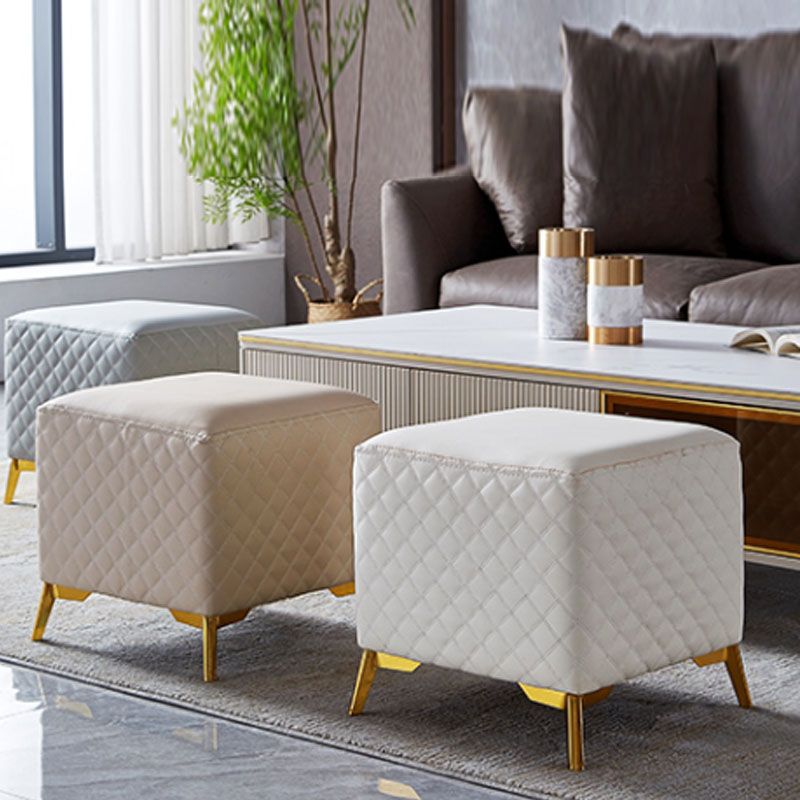 Glam Ottoman Genuine Leather Upholstered Diamond Lattice Square Ottoman with Metal Legs