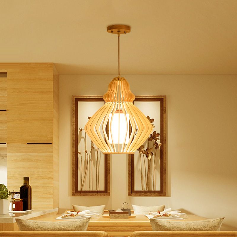Bellied Basswood Ceiling Hanging Lantern Asian 1 Light Beige Pendant Light over Restaurant Table