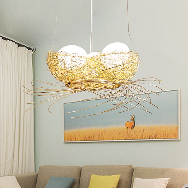 Egg Shaped Chandelier Pendant Art Deco White Glass 3-Light Hanging Ceiling Lamp in Brass with Aluminum Nest
