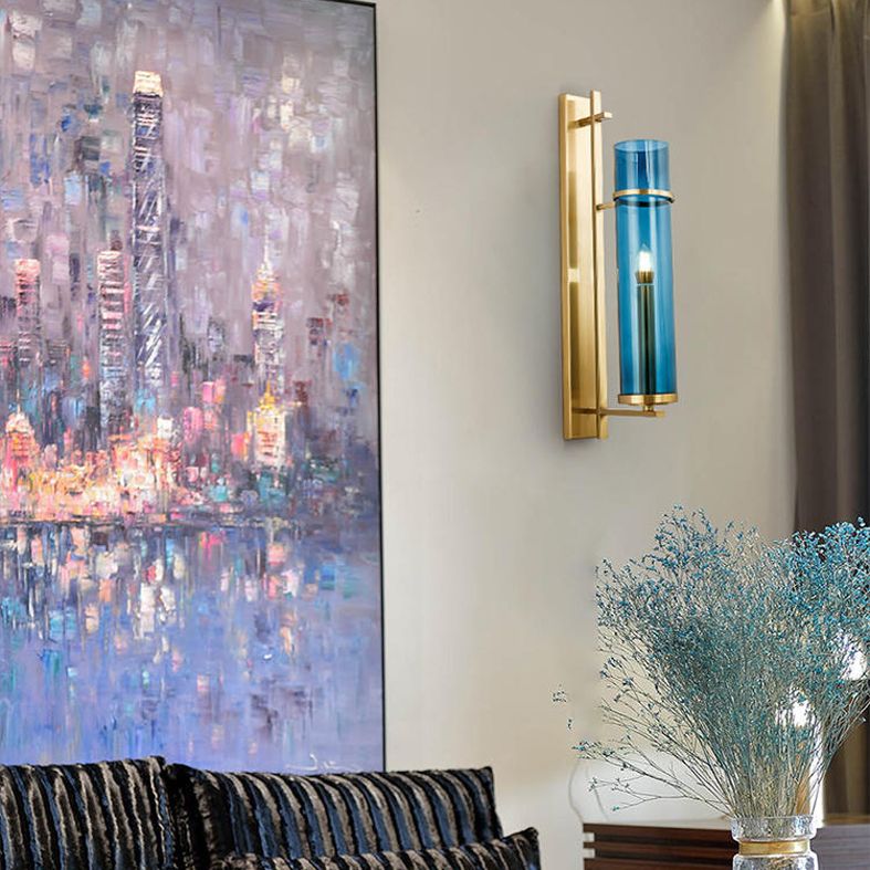 Minimalism Wall Sconce Lighting Blue Cylindrical Sconce Light Fixture with Glass Shade