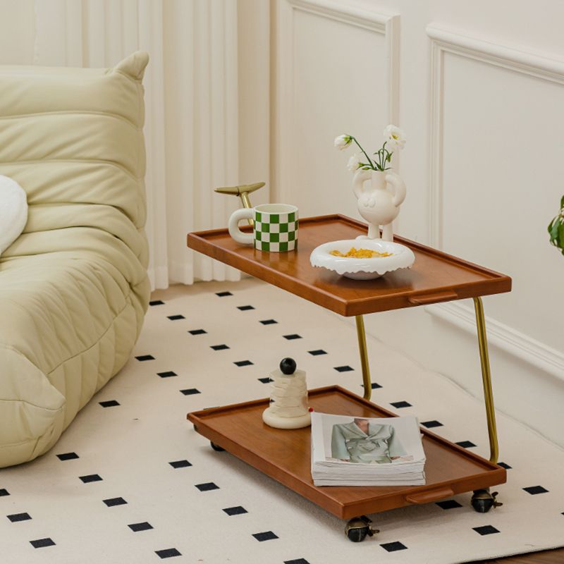 Cherry Wooden Storage End Table Rectangular 2-Tier Side Table with Casters