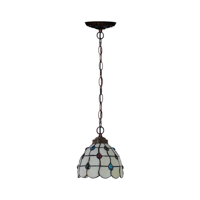 Wit glas koperen suspensie licht rooster koepel 1 licht Victoriaanse hangende lampkit met edelsteenpatroon