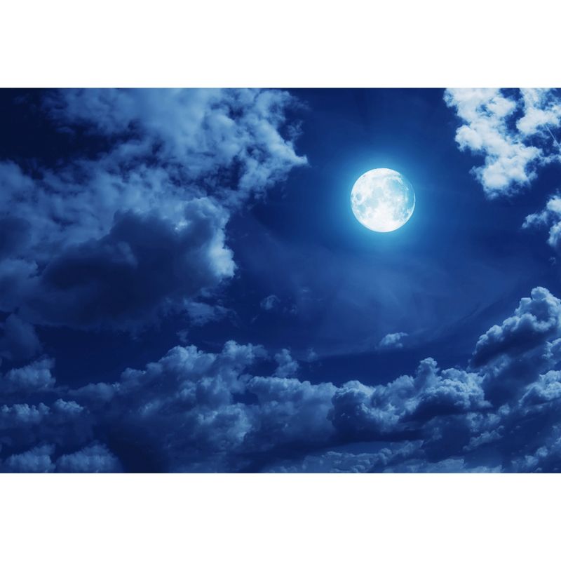 Blue-White Modernist Mural Decal Big Moon in Cloudy Night Sky Wall Covering for Home